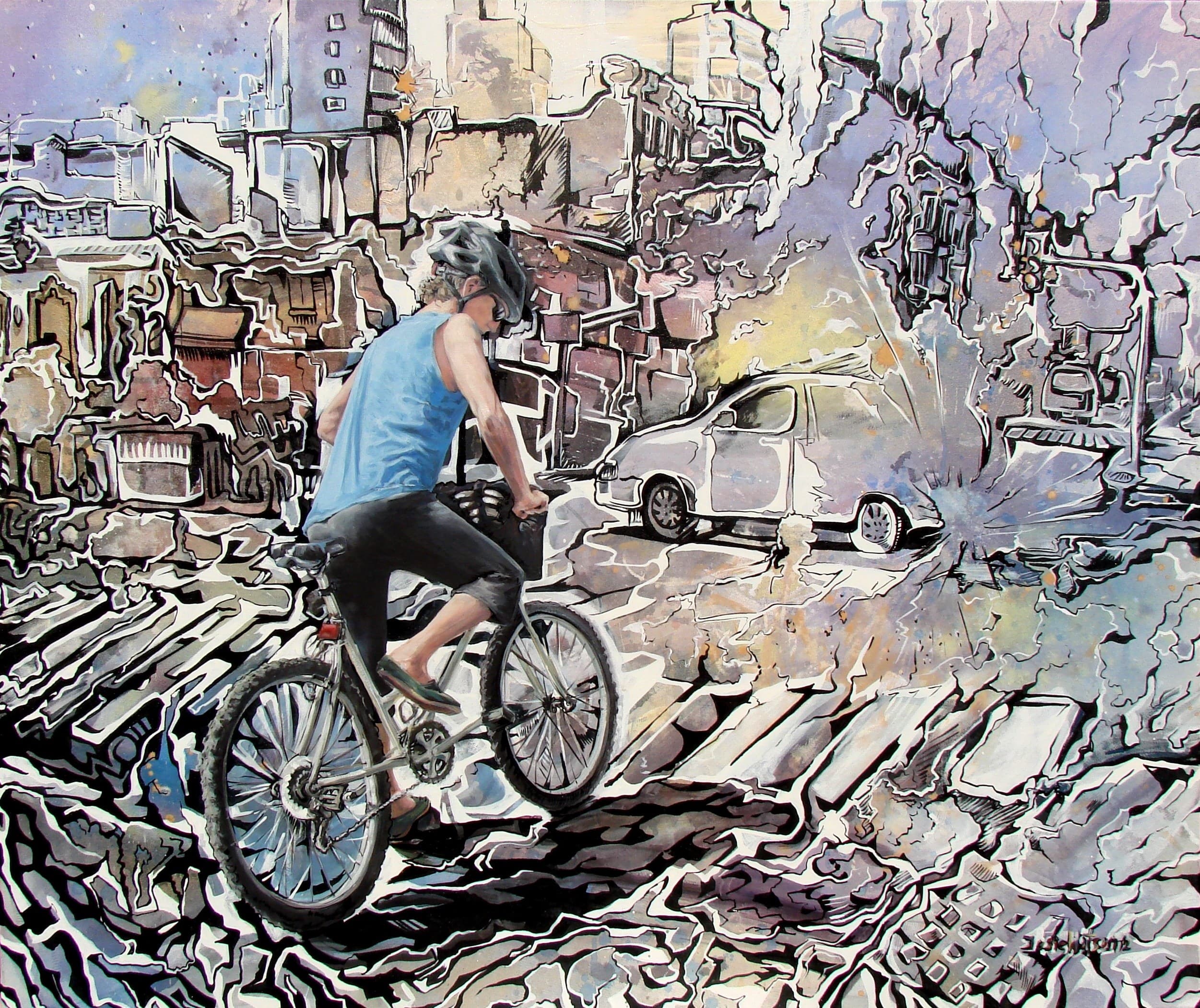 Art series - Pinturas - Ciudad Automatica - 14 Bici-matico 300dpi tamaño original.. Esperando el tren Buenos Aires WatsOnArt Josie Watson Arte